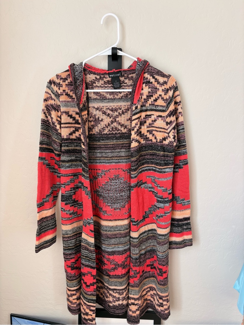 Wet Seal Red and Peach Patterned Hooded Open-Front Cardigan